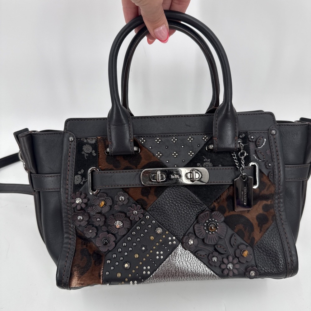 Vintage Coach Womens Swagger 27 Leather Black Embellished Handbag Boho Unique